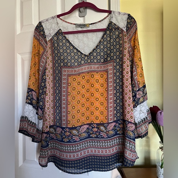 FIGUEROA & flower’s Multicolor Women Top Tunic, V Neck , 3/4 Sleeve Sz L - Picture 1 of 11